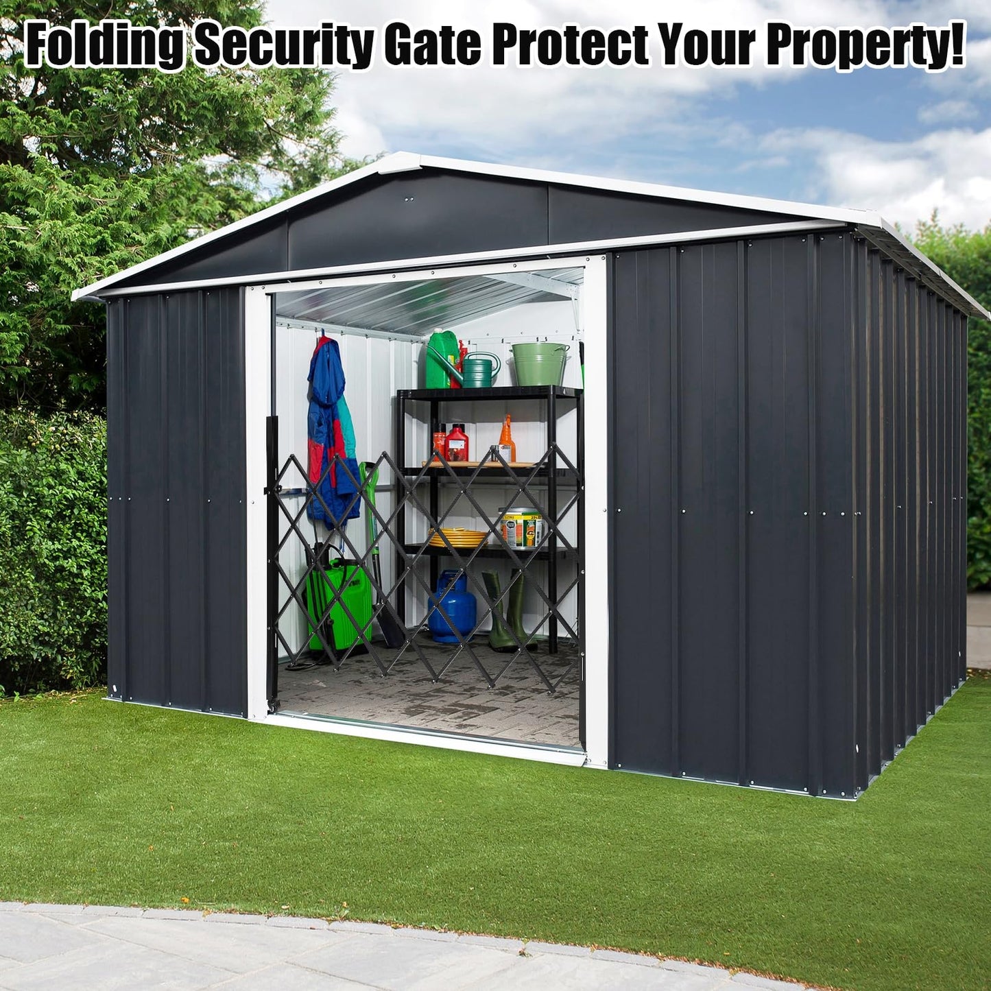 Scissor Gate 71" W x 61" H Folding Security Door Gates, Flexible Expanding Security Door - Steel Accordion, 360° Rolling Wheels with Padlock, Black