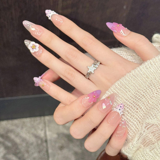 TENPAL Handmade Soft Lilac French Tips Press on Nails Medium Almond with 3D Glitter Floral & Pearl, Handmade & Reusable, Sheer Flattering False Nails for Everyday Summer Wear 10PCS(S)