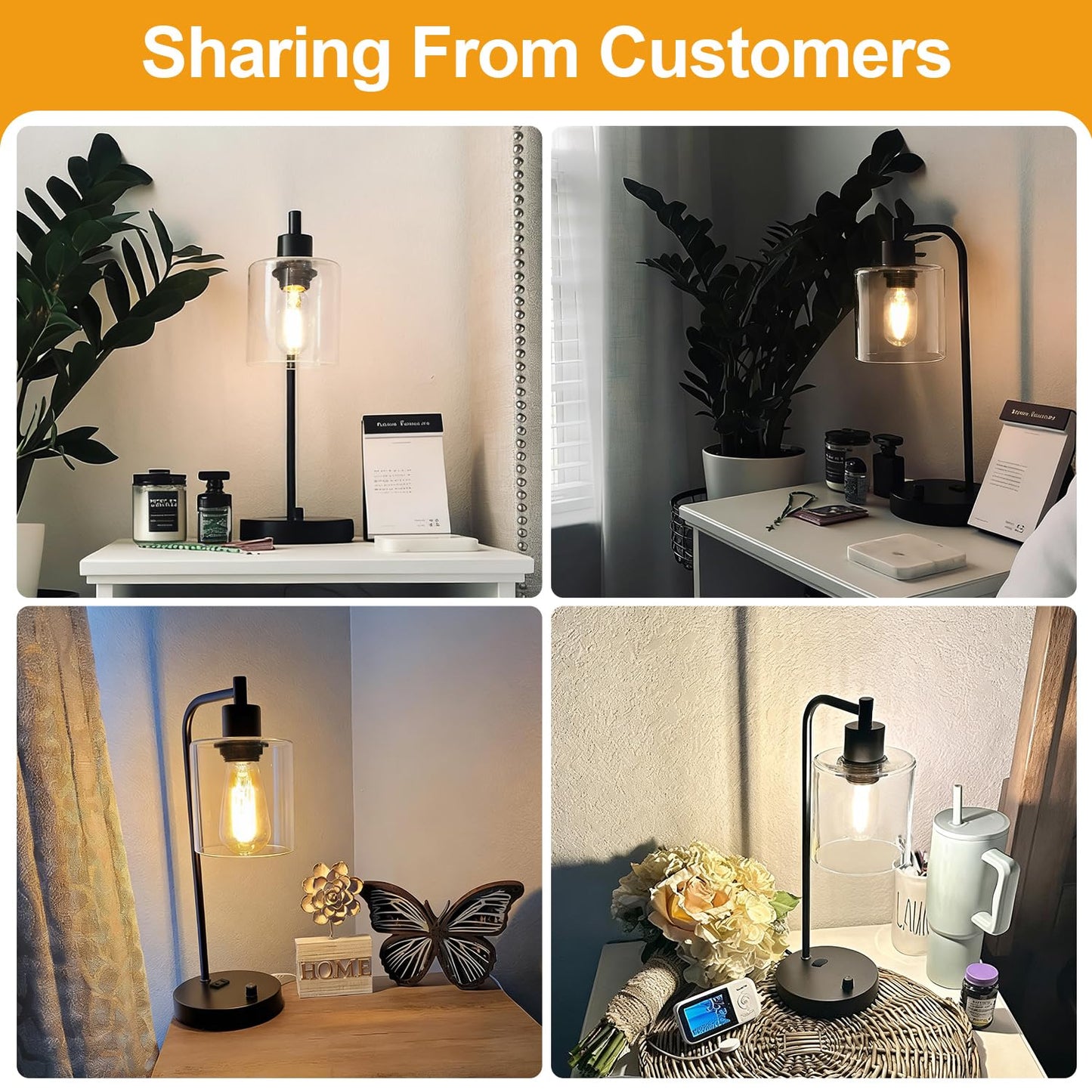 Set of 2 Industrial Table Lamps with USB C+A Ports and Outlet, Fully Stepless Dimmable Bedside Lamps for Bedrooms, Nightstand Desk Lamp with Glass Shade for Reading Living Room Office (Bulbs Included)