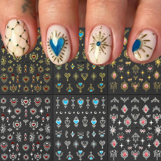 Valentines Retro Love Heart Nail Art Stickers Decals 5D Embossed Colorful Love Nail Decals Self-Adhesive Nail Art Supplies Metal Silver Heart Art Stickers Decoration for Women Manicure Festival