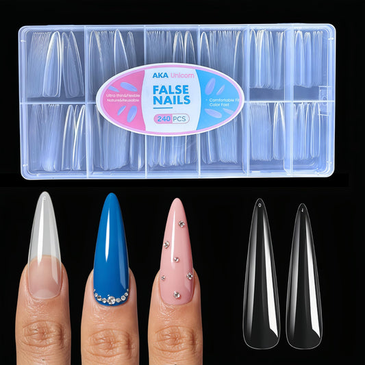AKA Unicorn Long Stiletto Nail Tips, Full Cover Soft Gel Nail Tips, Clear Press On Nail Extensions for Home Salon DIY 12 Sizes
