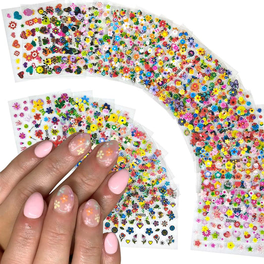 Flower Nail Stickers for Nail Art Spring Floral Nail Art Stickers 3D Self-Adhesive Summer Nail Decals Colorful Flower Cute Daisy DIY Manicure Decoration Supplies Accessories for Women Girls 30Sheets