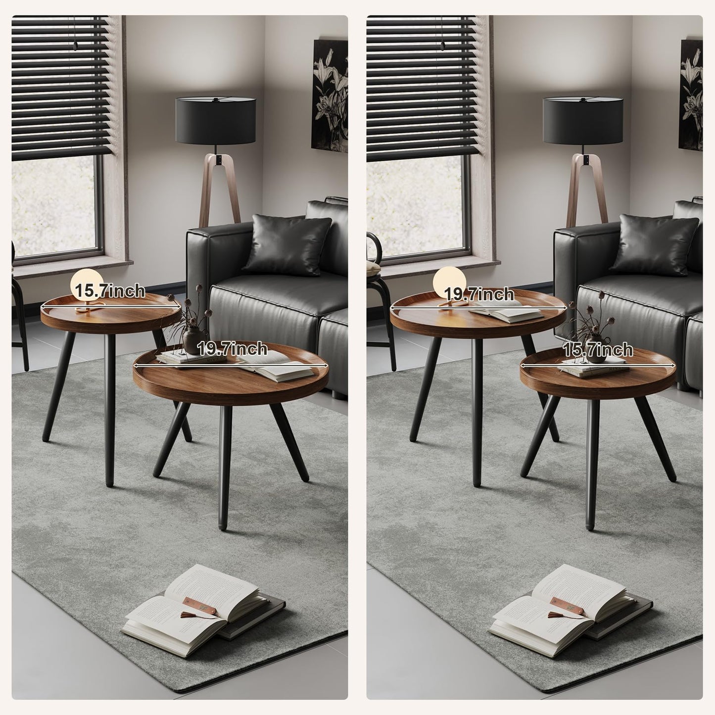 2 PCS Small Round Coffee Table Set, Mid Century Modern Coffee Tables for Living Room, Walnut Nesting Tables for Small Spaces, Easy Assembly Circle Wood Center Table,Black Nesting Coffee Table Set of 2