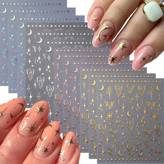12 Sheets Moon Star Nail Stickers for Nail Art Aurora Silver Gold Nail Art Stickers Decals 3D Self Adhesive Star Nail Decals Aurora Silver Gold Nail Art Design Decoration Accessories for Women