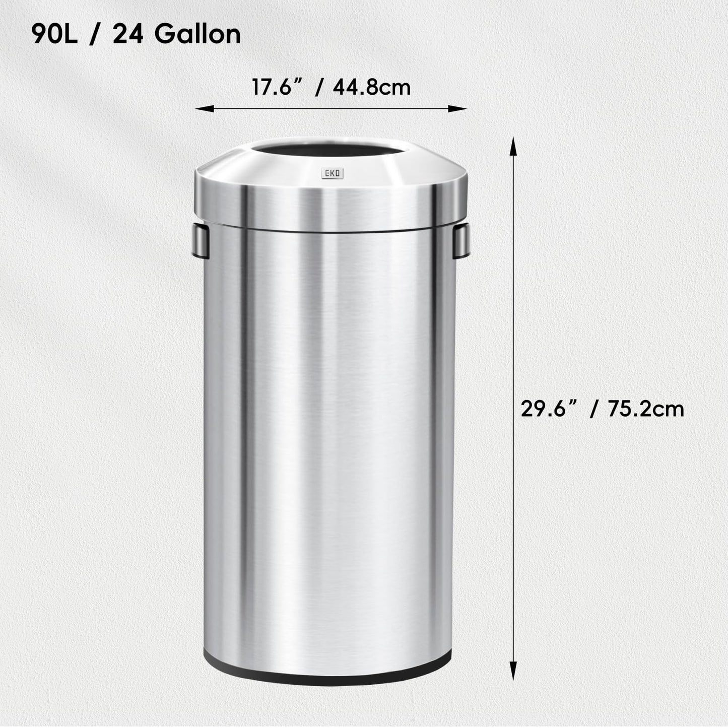 EKO Urban 24 Gallon Round Stainless Steel Open Top Waste Bin, Tall Commercial Trash Can for Indoor/Outdoor, Extra Large Metal Garbage Bin for Office, Restaurant, Restroom, 90L