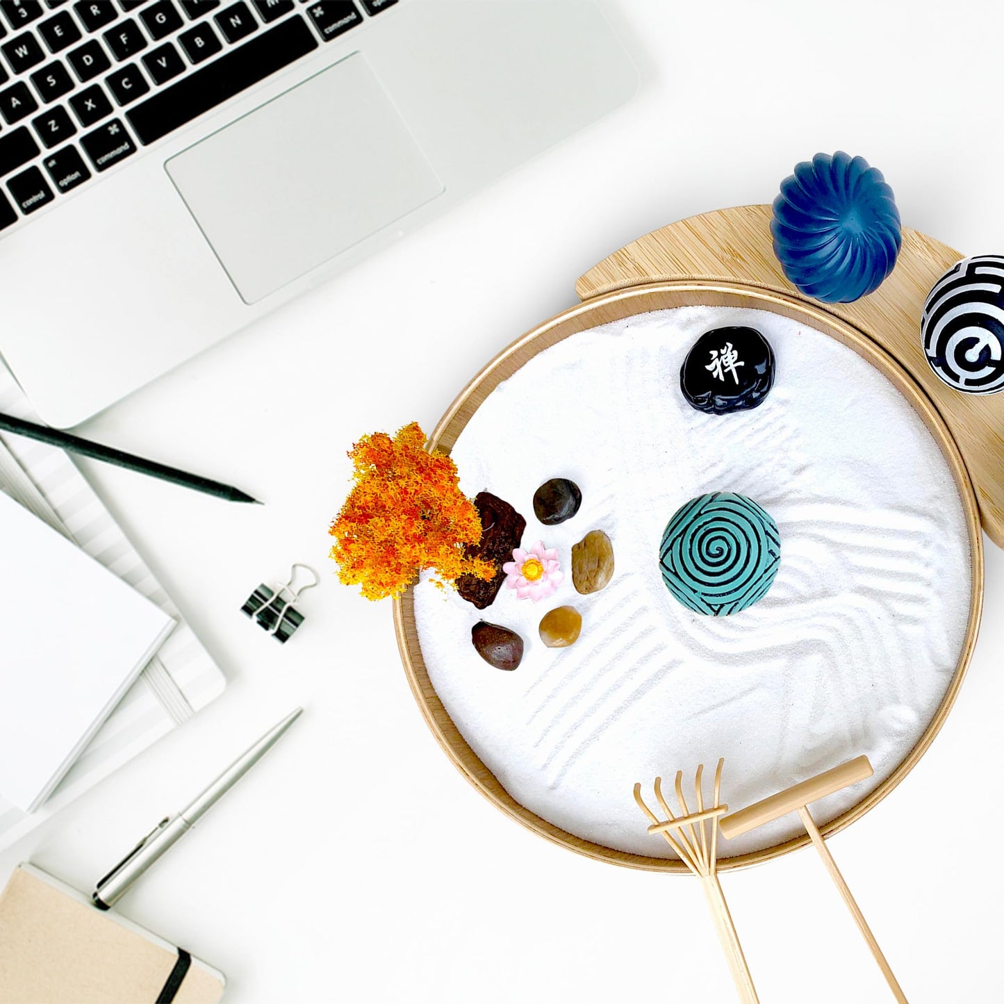 Zen Garden for Desk, Sand Tray Therapy Kit,Zen Gift Set,Japanese Desktop Mini Zen Garden, Zen Office Décor & Home Meditation - 3 Stamp Spheres & Custom Holder, Sand Tools & Rake