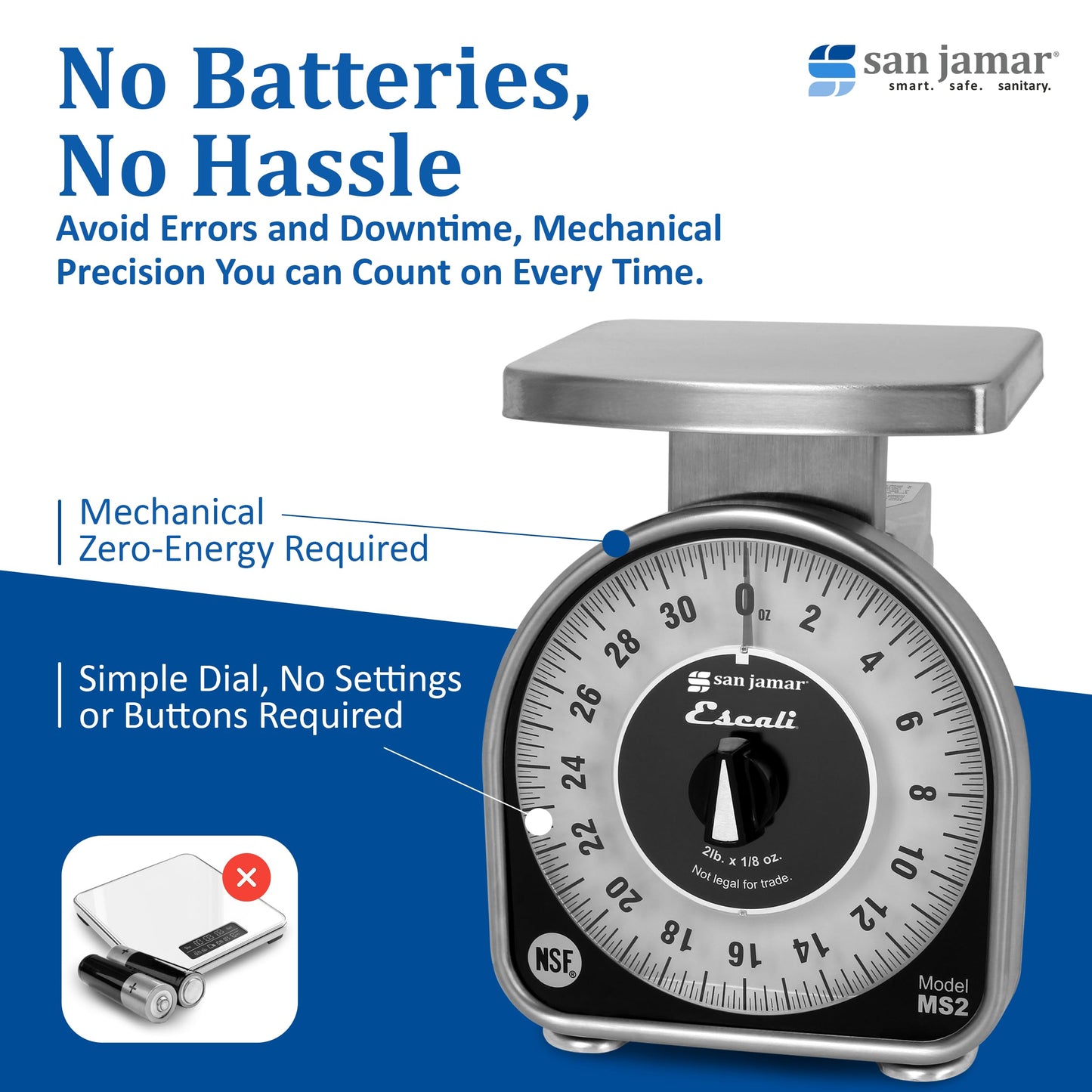 San Jamar Ms Series Mechanical Dial Scale Manual Food Scale with 2 Pound Capacity for Kitchens, Restaurants, And Cooking, Metal, 32 Ounces, Silver
