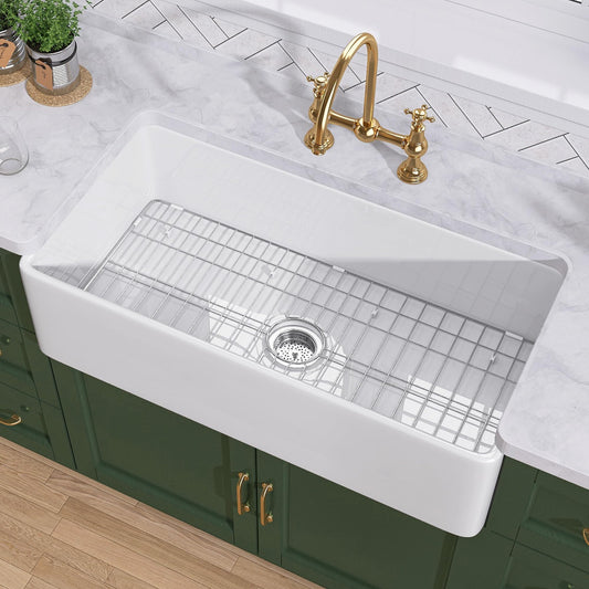 TUKTUK White Farmhouse Sink 33 inch Fireclay Apron Front Farm House Kitchen Sink Single Bowl Deep Drop In Undermount Reversible Heavy Duty Easy to Clean Porcelain Kitchen Basin Modern Luxury Accessory