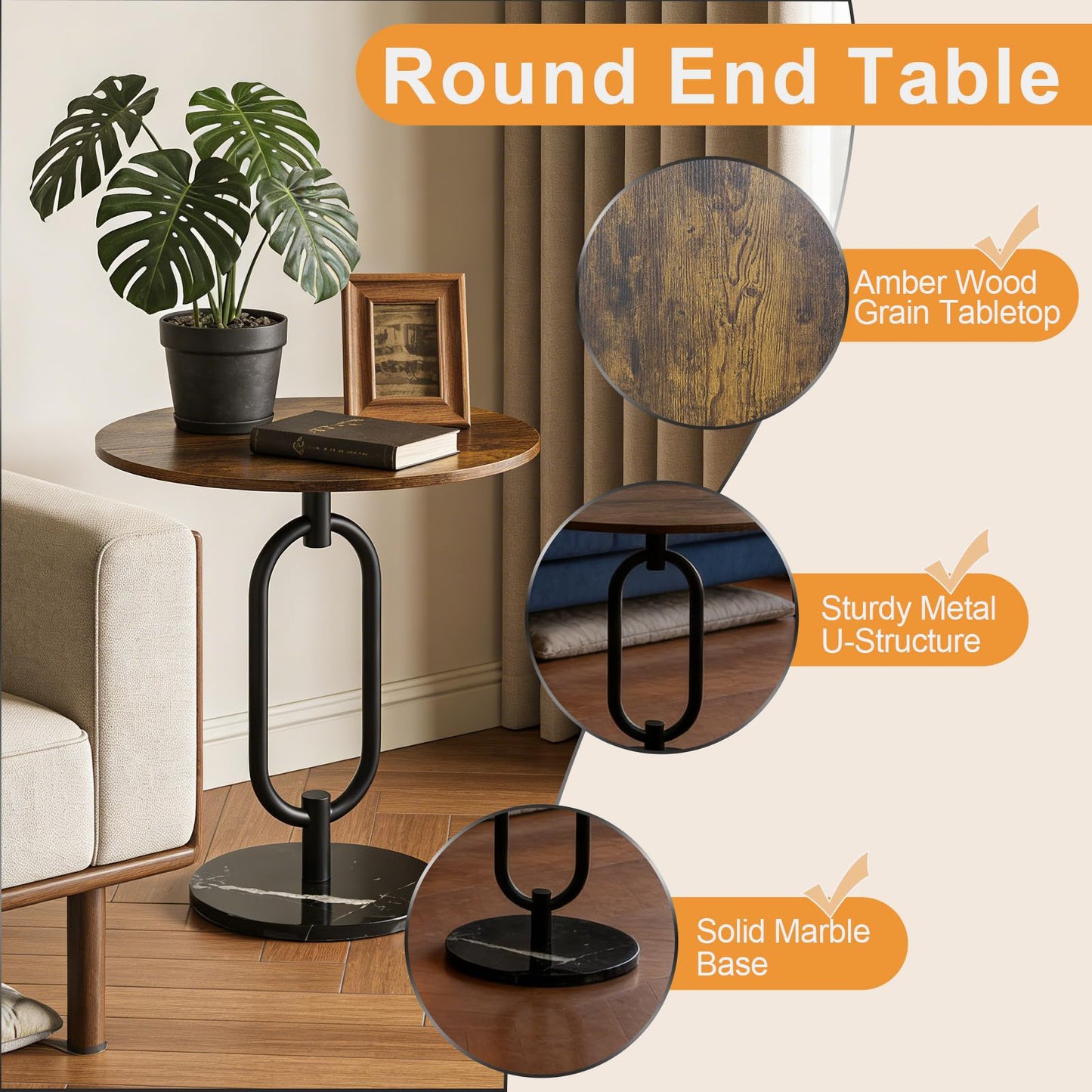 17In(W) x19In(H) Round End Table Heavy Duty Modern Side Table Stable Sofa Side Table Marble Base Accent Coffee Table Nightstand for Living Room Bedroom-Amber