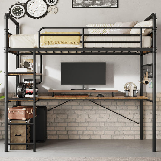 IDEALHOUSE Loft Bed Twin Size with l-Shaped Desk, Metal Bunk Bed with 2 Open Shelves and Decorative Mesh, Twin Loft Bed with 13.4" h Safety Guard & Ladder,No Box Spring Needed,Brown
