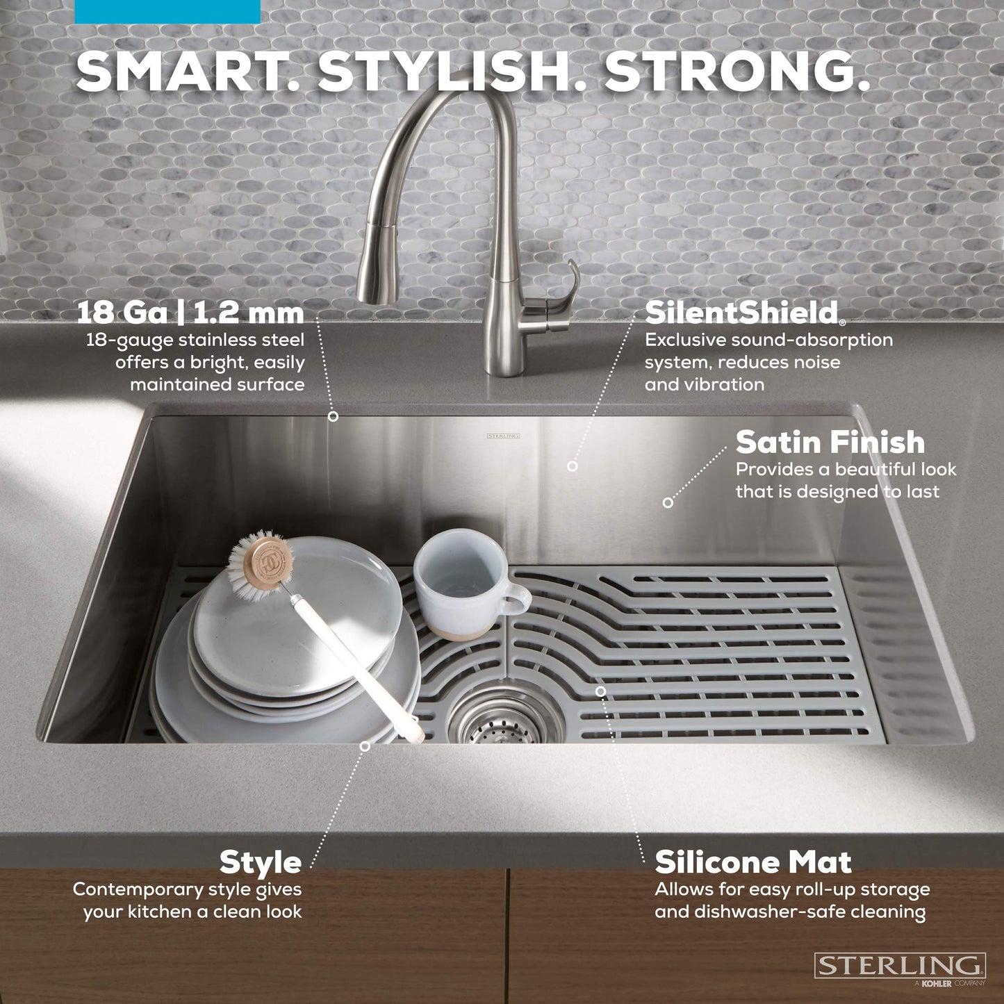 Sterling K-20243-PC-NA Ludington 34" Under-Mount Single-Bowl Farmhouse Kitchen Sink with Accessories, Apron-Front Basin, Stainless Steel