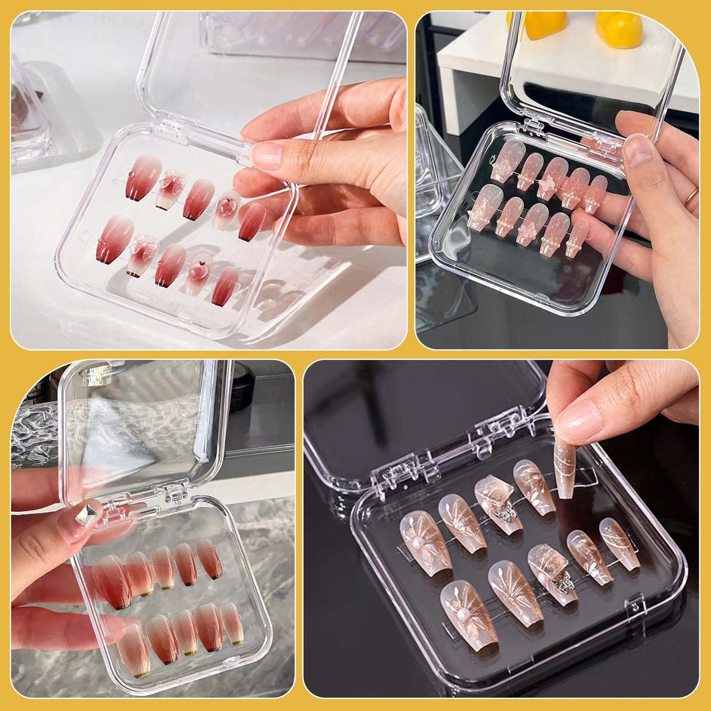 60 Sets Press On Nail Storage Box with Double Sided Adhesive Tapes, 3x3 Inch Clear Artificial Nail Display Case Reusable Nail Packaging Box Organizer for Salon, Technicians, Manicure Enthusiasts