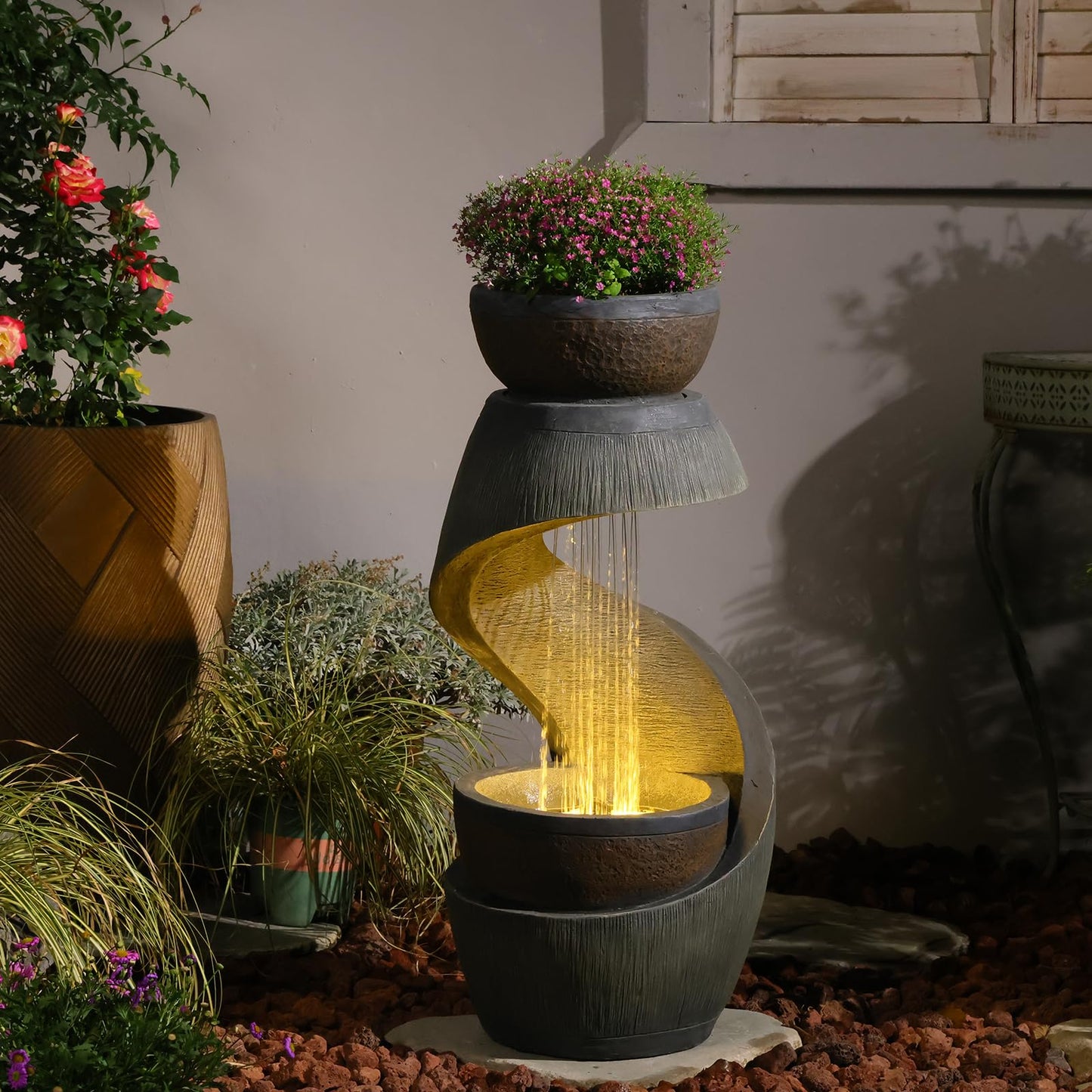 Sunlinua 31.9" S-Shaped Water Outdoor Fountain–Modern Cascading Waterfall Feature with LED Lights & Planter Bowl, Garden Fountains Outdoor for Patio, Balcony, Yard or Home Decor, Resin Waterfall