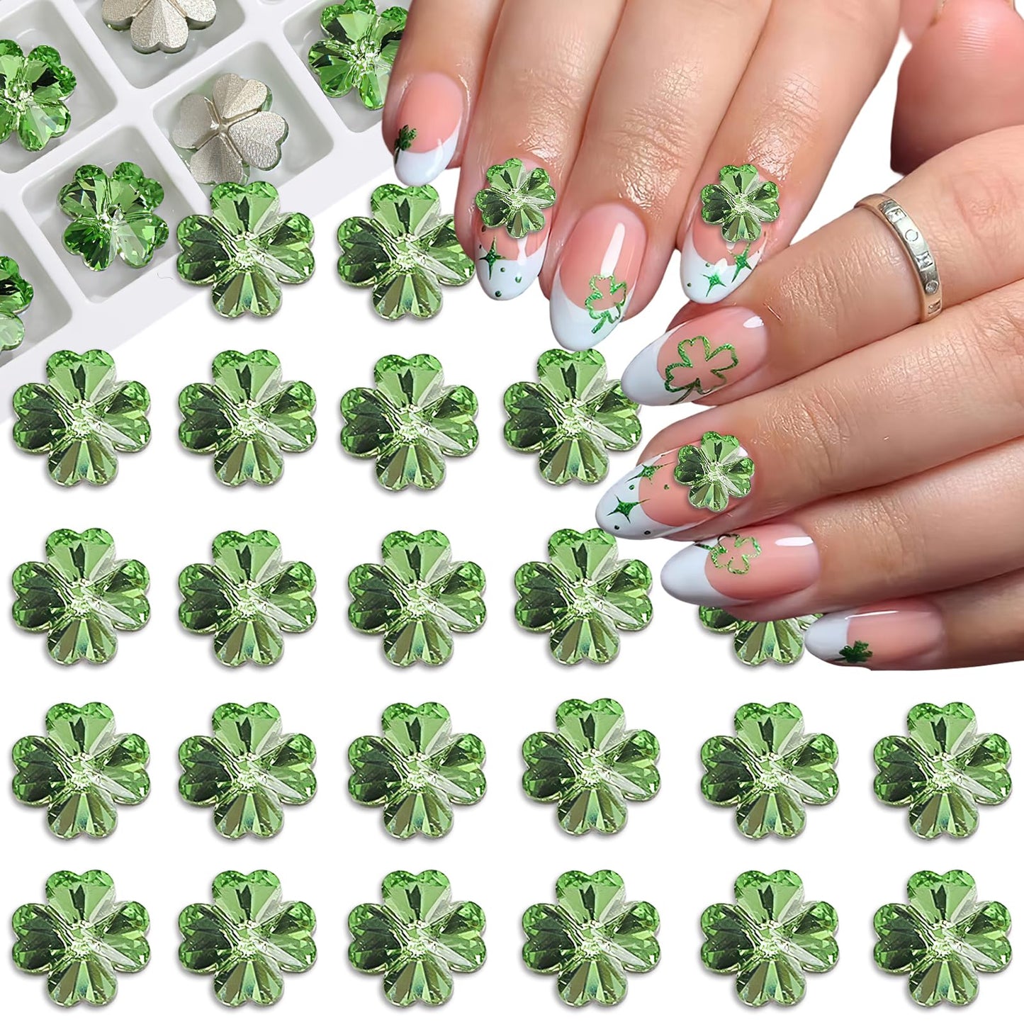 24Pcs Glitter 3D Green Shamrock Nail Charms for St. Patrick's Day Clover Nail Rhinestone Decal Crystal Diamond Alloy Nail Gems Irish Decorations for Women Girls Manicures Eyes Makeup Crafts