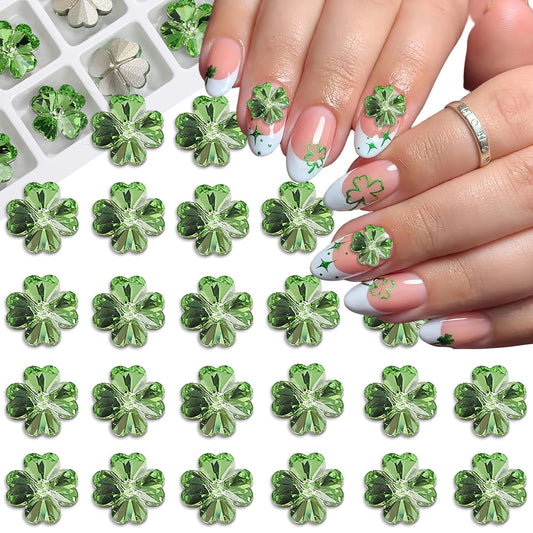 24Pcs Glitter 3D Green Shamrock Nail Charms for St. Patrick's Day Clover Nail Rhinestone Decal Crystal Diamond Alloy Nail Gems Irish Decorations for Women Girls Manicures Eyes Makeup Crafts