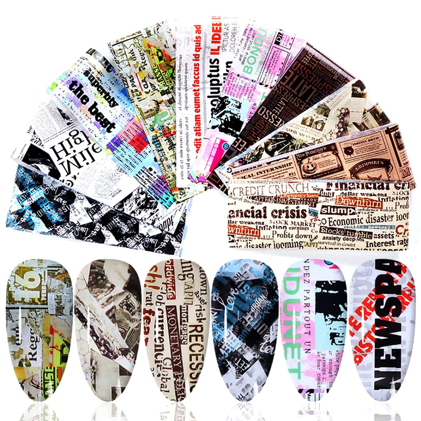 Newspaper Nail Foil Transfer Stickers English Letter Designs Nail Decals Supplies Set Acrylic Nails Sticker Decorations for Nail Transfer Glue Polish, Women DIY Manicure Accessories Set 10Sheets
