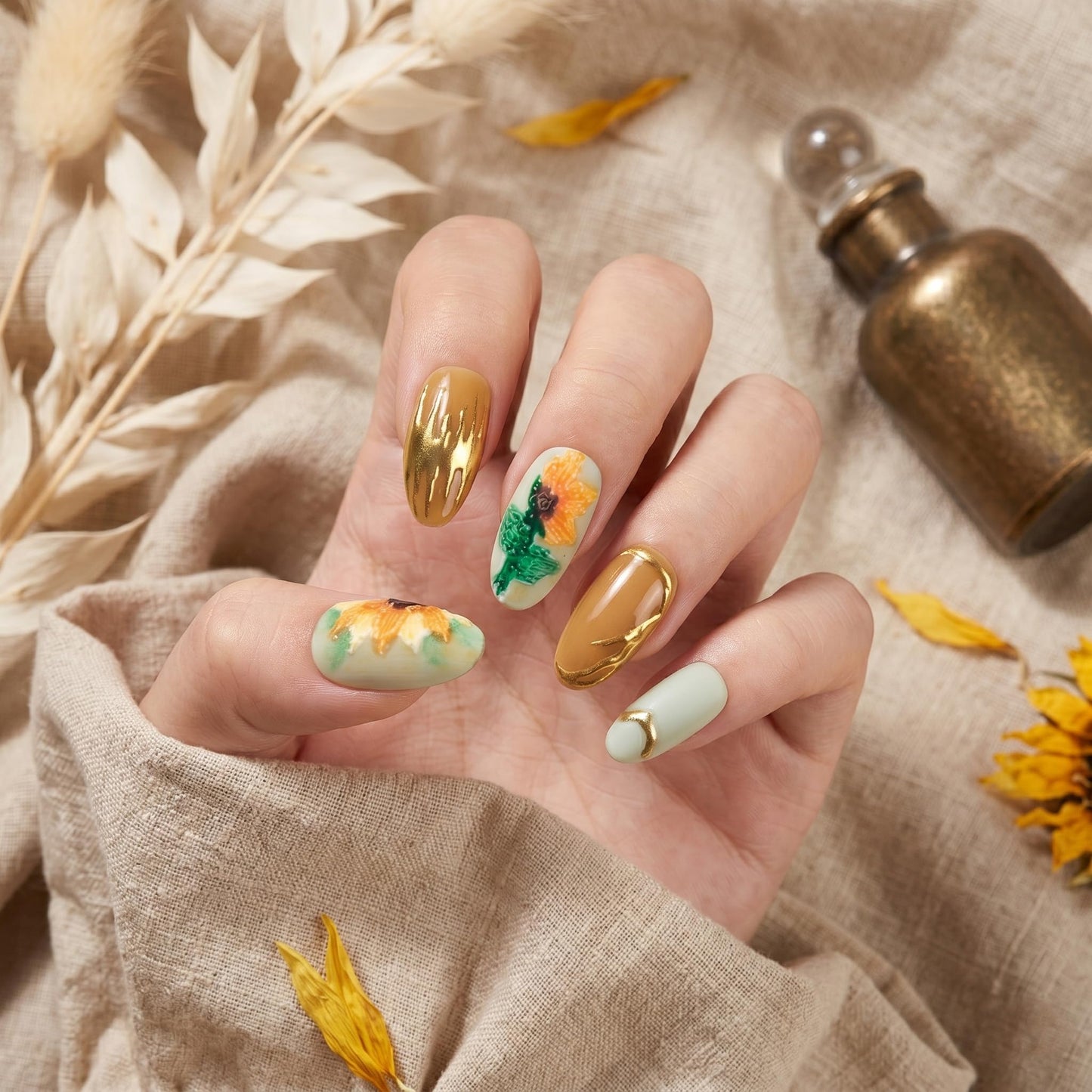 Sun&Beam Nails Handmade Press On Nails Medium Oval Mint Green Caramel Brown Gold Sunflower Floral Design Glossy 10 Pieces for Everyday Wear and Going Out (#022 L)
