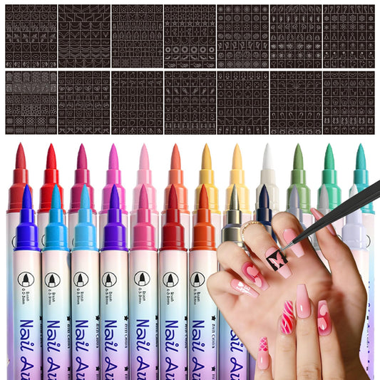 Nail Art Pen Stencil Sets, 24 Colors Double-Ended Nail Art Makers+ 14 Sheets Nail Stencils, Quick-drying Nail Art Tool for Women & Girl Brush Dotting Liner DIY Nails Art Design, Home & Salon Use