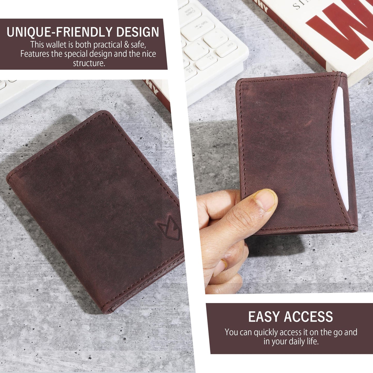 FOXHACKLE Leather Credit Card Holder For Men and Women, Small RFID Blocking Bifold Wallet (With ID Slot, Hunter Coffee Brown)