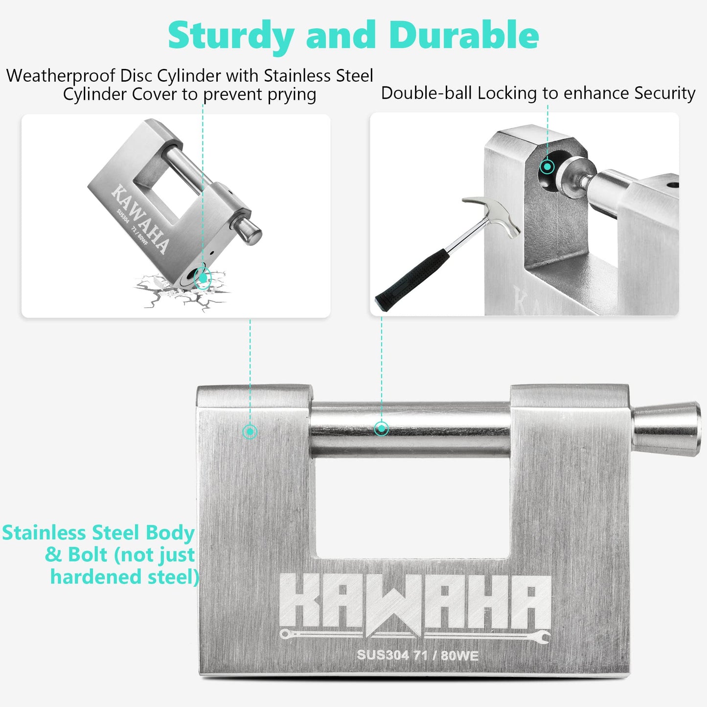 KAWAHA 71/80KD-3SK Stainless Steel D-Shaped Heavy Duty Padlock with Key for Garage Door, Containers, Shed and Warehouse (3-1/8 inch, Keyed Different - 3 Stainless Steel Keys)