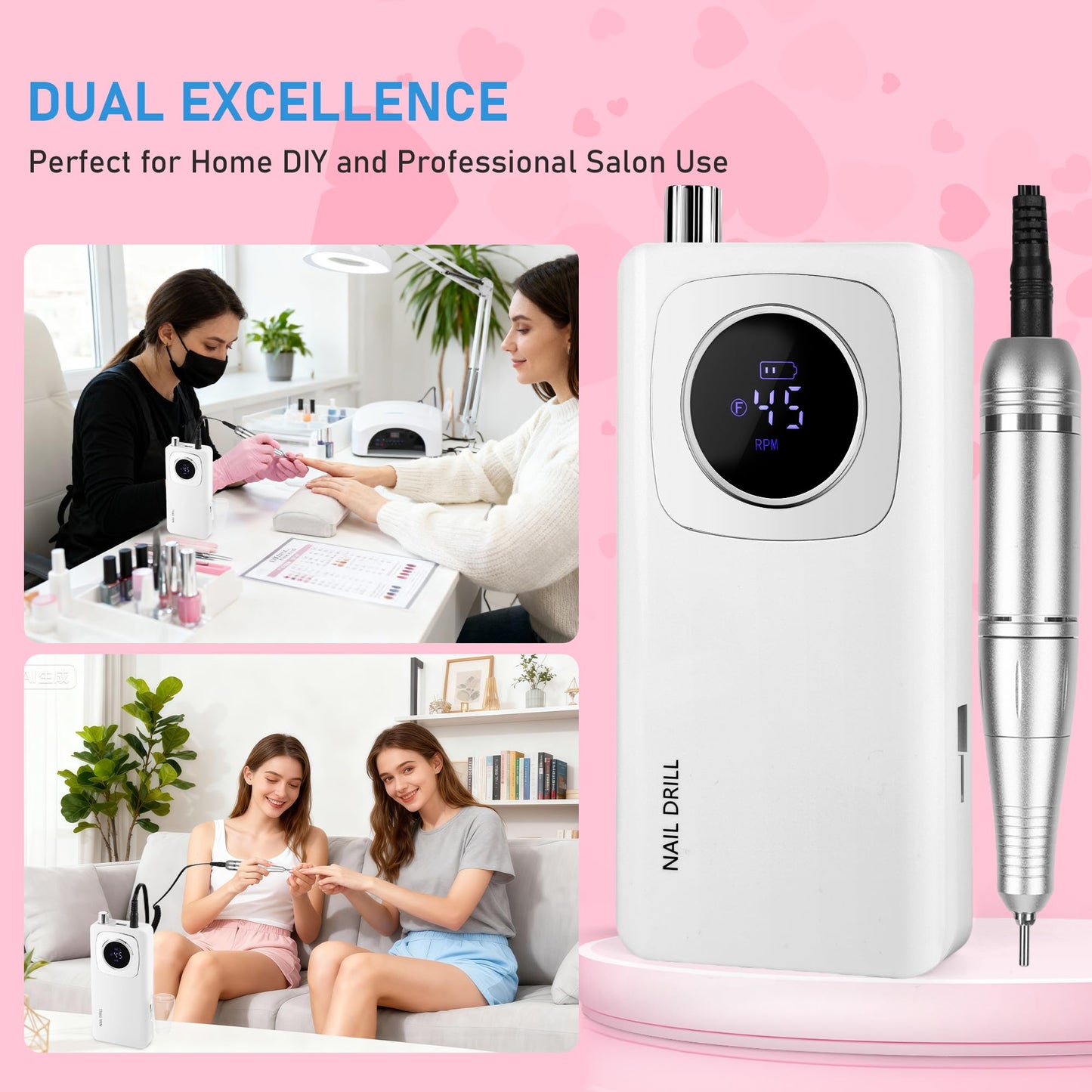 Rvggher Portable Electric Nail Drill Professional 45000 RPM, Rechargeable Electric Nail File Machine Kit for Acrylic Gel Nails Polishing Removing, Quiet E-File with Bits for Manicure Salon Home