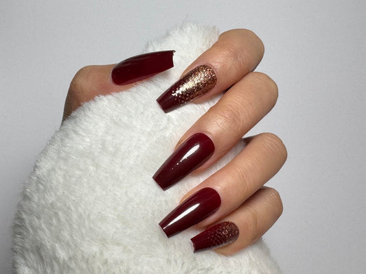 LOONGIN 24Pcs Long Press On Nails Bold Red and Gold Gradient Fake Nails Full Cover Reusable Nail Sticked on Nails Jelly Glue Sheet for Women Instant Glam for Parties or Festivals (Red)