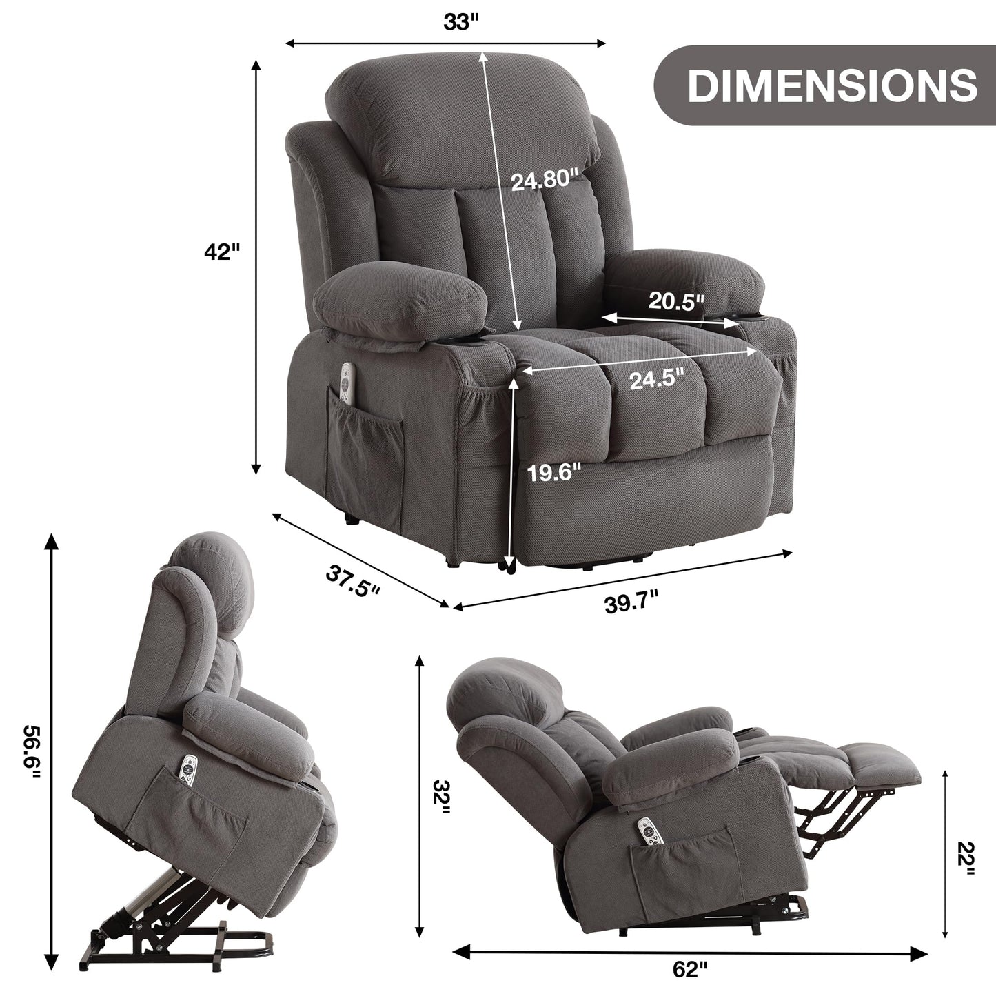 BOSMILLER Power Lift Recliner Chair for Elderly with Vibration Massage and Lumbar Heating Electric Oversized Single Sofa with Cup Holder and USB Charge Port for Living Room