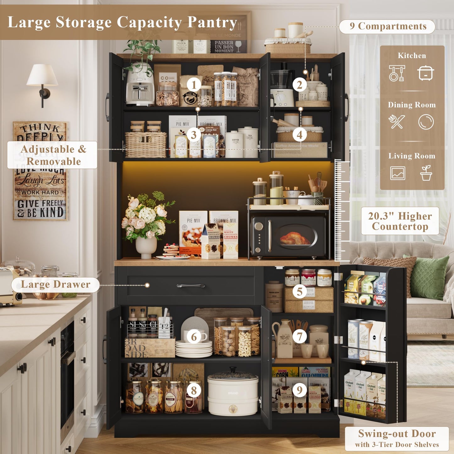 HIFIT 71" LED Kitchen Pantry Cabinet with Power Outlet, Tall Hutch Storage Cabinet with Microwave Stand & 6 Door Shelves, Modern Food Pantry Cabinets with Drawer for Kitchen Dining Living Room, Black