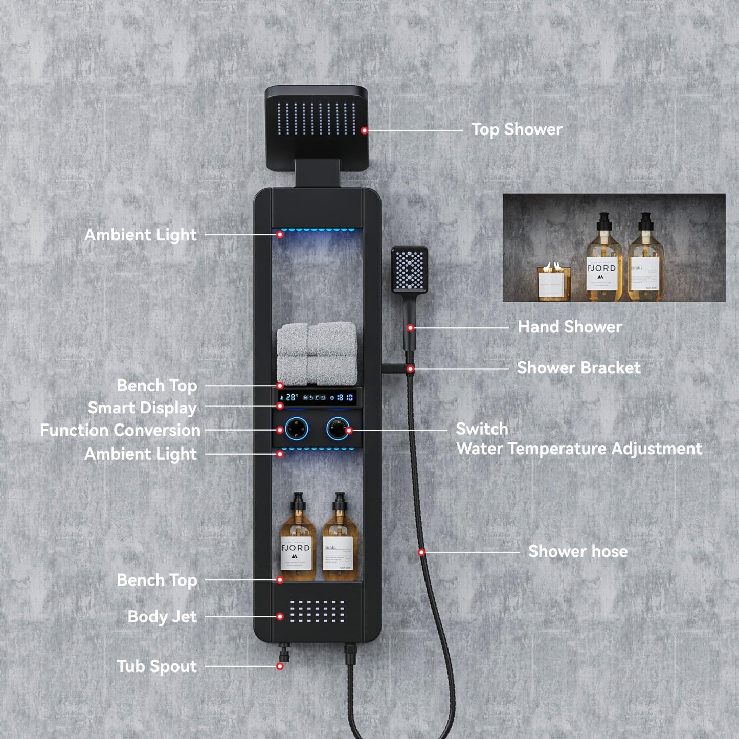 ELLO&ALLO LED Shower Panel Tower System with Shelf, Rainfall Shower Head and Rain Massage System with Body Jets, Stainless Steel Bathroom Fixtures, Matte Black