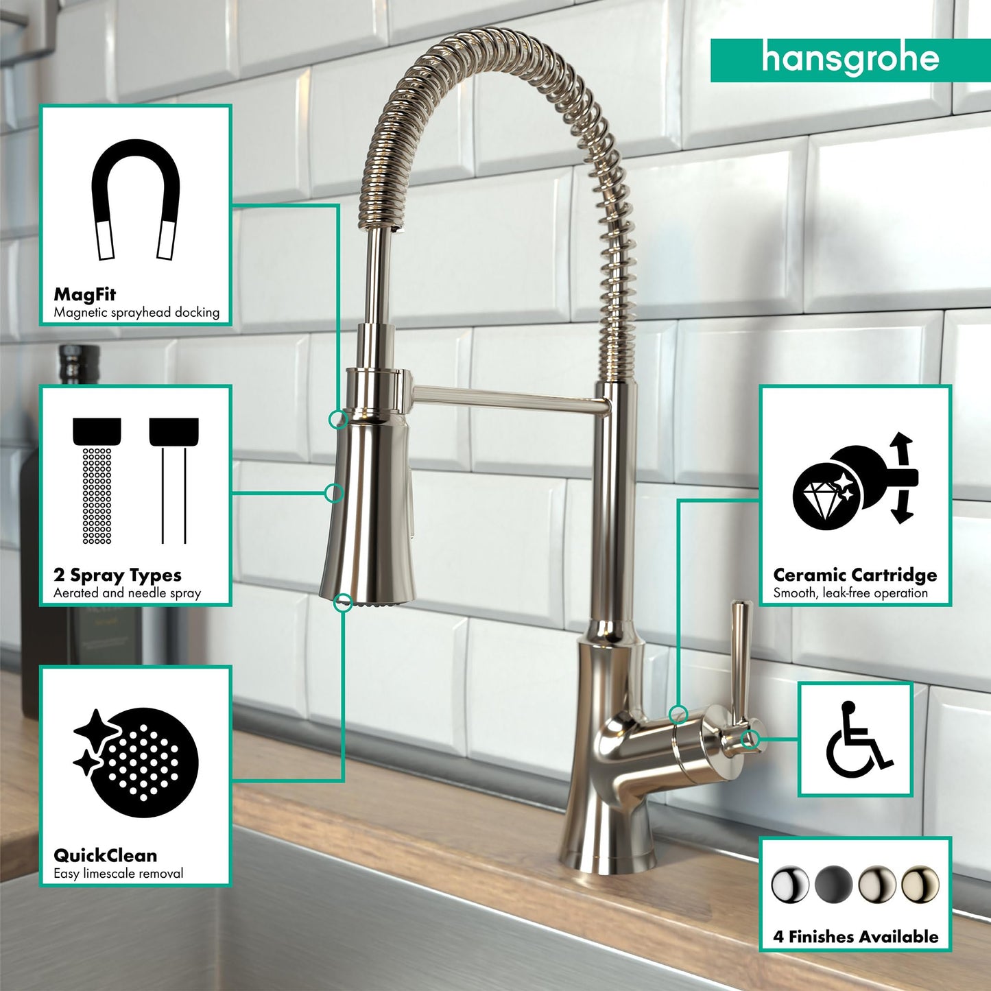 hansgrohe Joleena Brushed Nickel Commercial Kitchen Faucet, Kitchen Faucets with Pull Down Sprayer, Faucet for Kitchen Sink, Polished Nickel 04792830 19.3-Inches Tall