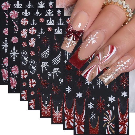 8 Sheets Red Christmas Nail Art Stickers Pink White Red Glitter Snowflake Nail Decals 3D Self-Adhesive Xmas Tree Winter Nail Design Gift Box Bow Nail Supplies Winter New Year Nail Decor for Women