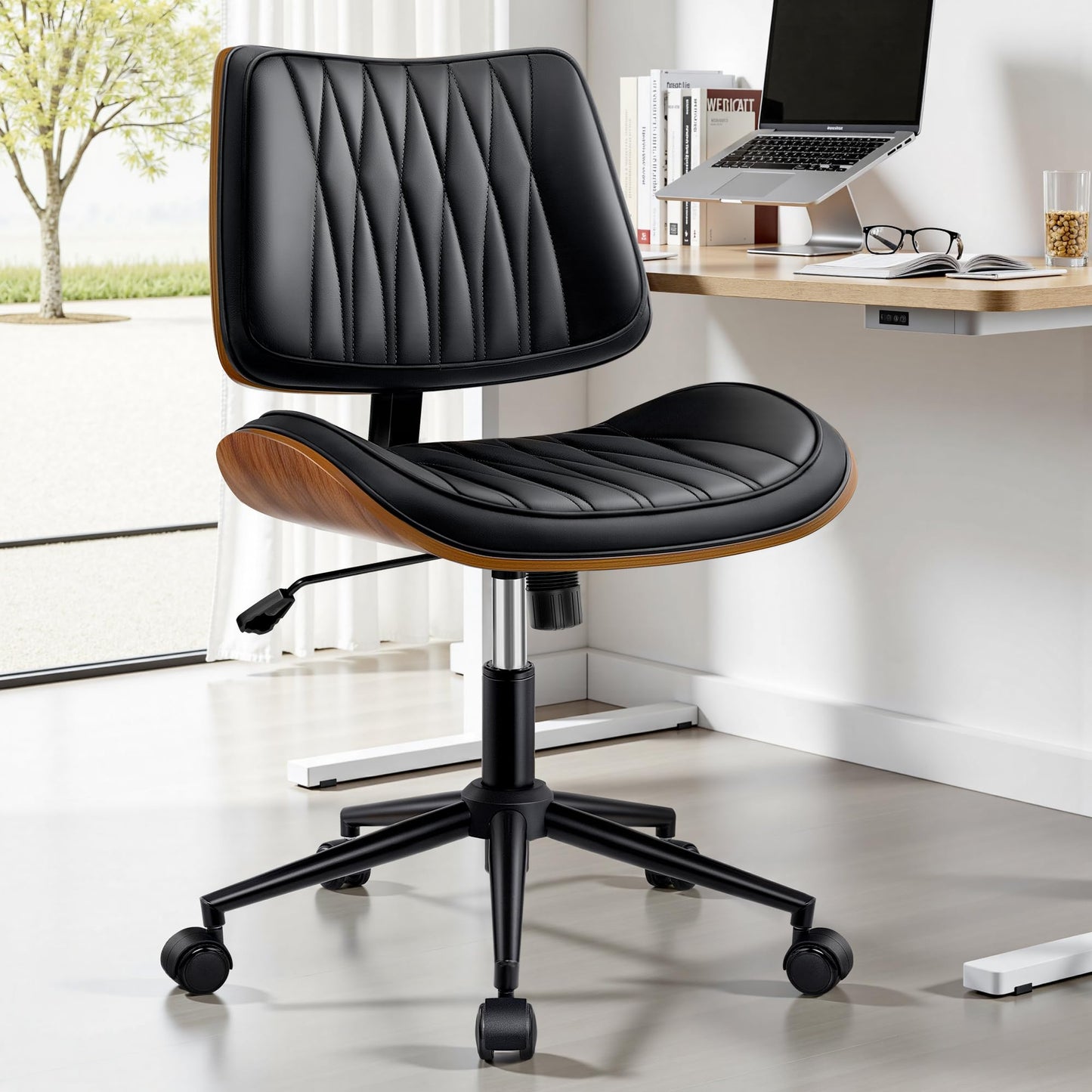 Ergonomic Armless Office Desk Chair - Mid-Century Modern Black Faux Leather with Diamond Stitch, Adjustable Height Swivel Rolling Task Computer Chair with Walnut Accent for Home Office, Study & Work