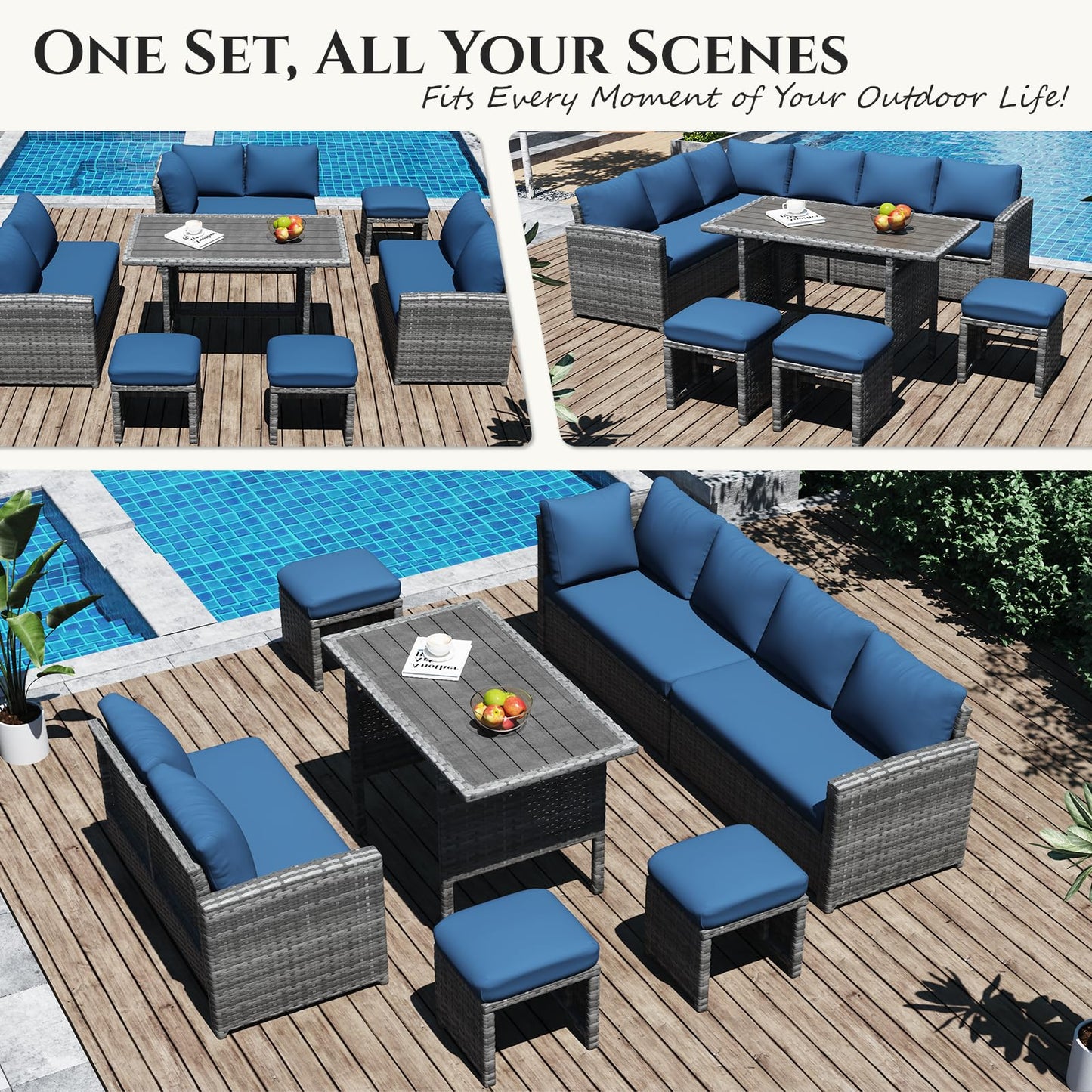 U-MAX 7 Pieces Patio Furniture Set with Waterproof Cover, Outdoor Sectional Sofa Conversation Set, All Weather Wicker Rattan Dining Table & Chair with Ottoman, Grey Rattan&Dark Blue Cushion