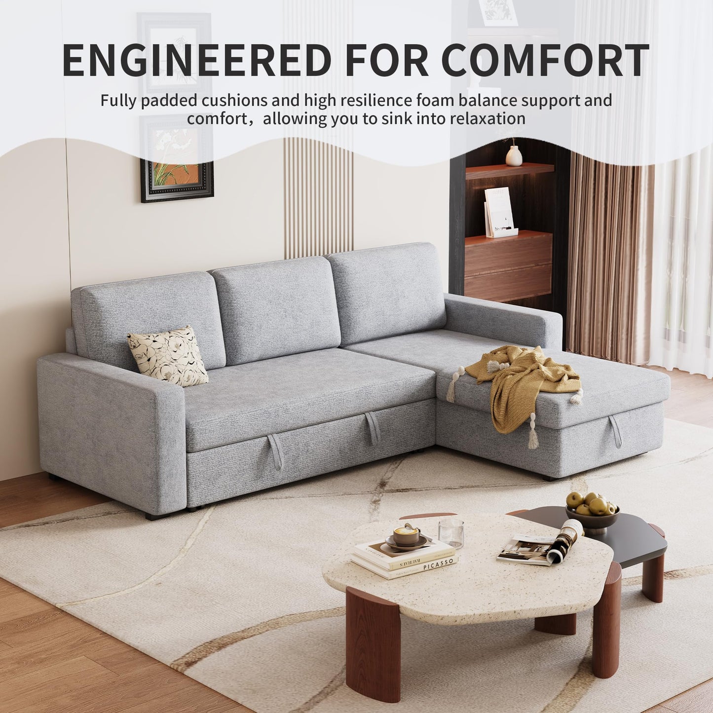 FAVSH 81-Inch L-Shape Sectional Couch, 4-in-1 Multifunctional Pull-Out Couch Sleeper Sofa with Storage Chaise & Removable Back Cushions, for Living Room/Office/Apartment (Light Gray)