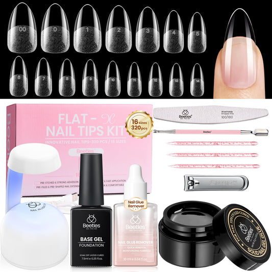 Beetles Gel Nail Kit Flat-X, Almond Medium, 320pcs 16 Sizes Nail tips, with 15g Solid Nail Glue Gel, 10ml Glue Remover, 7.5ml Base Gel, Mini Lamp, for Acrylic Press On Nail, Extension DIY Set at Home