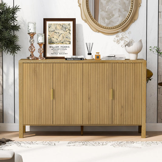 GDFStudio 58" Modern Buffet Cabinet with 4 Stripe Doors, Sideboard Storage Cabinet with Back Door Storage Racks, Shelves, Side Hooks, Coffee Bar Cabinet Credenza for Dining Room Living Room, Natural