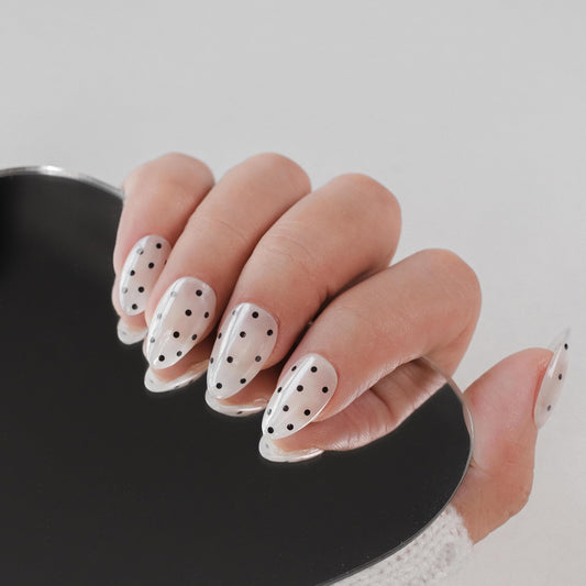 Nailique Press On Nails Short Almond – Handmade Chrome Glazed Donut Soft Gel White Black Polka Dot, 26pcs Reusable Nail Tips with Glue & Remover, Salon Quality Bridal Wedding Manicure