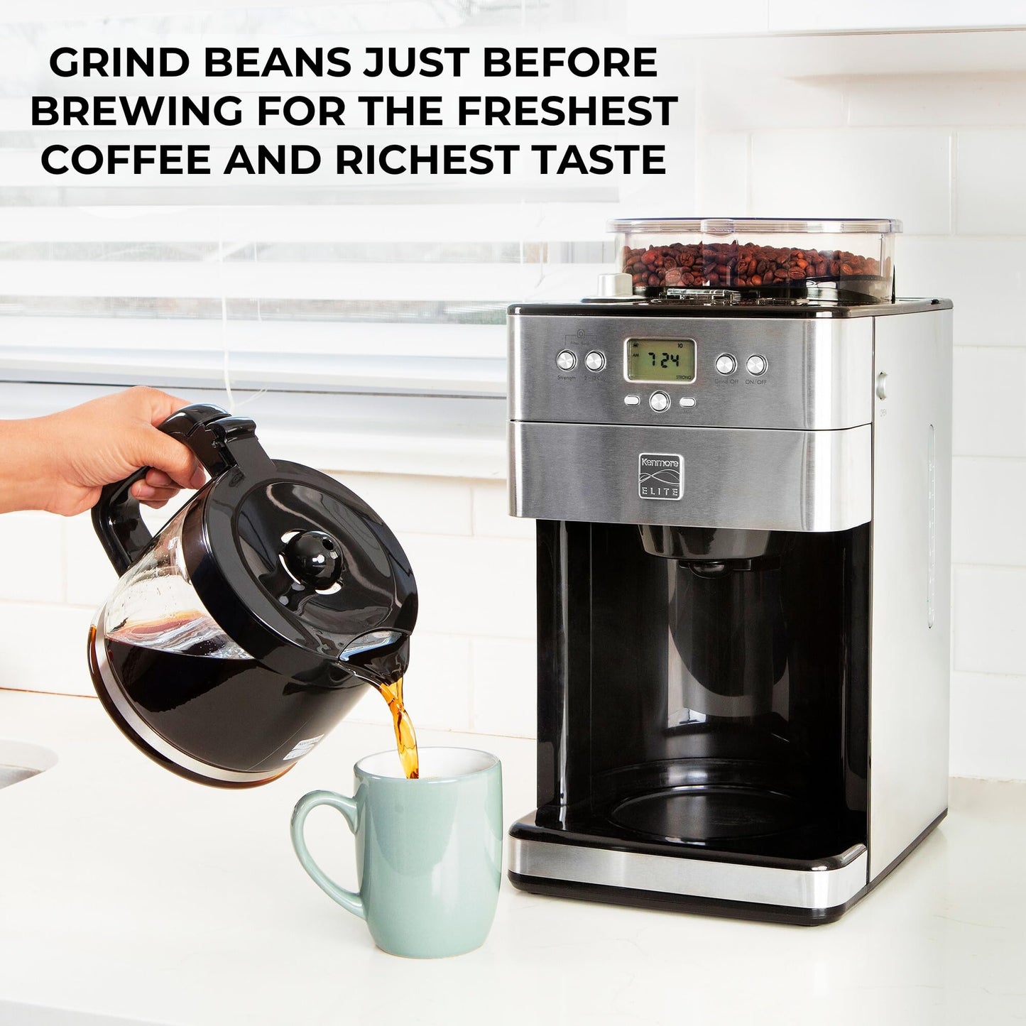 Kenmore Elite Grind and Brew Coffee Maker with Built‑In Burr Grinder, Automatic Drip Machine, 12‑Cup Programmable Brewer, Bean‑to‑Cup Cafetera, Stainless Steel Coffee Maker for Home & Office