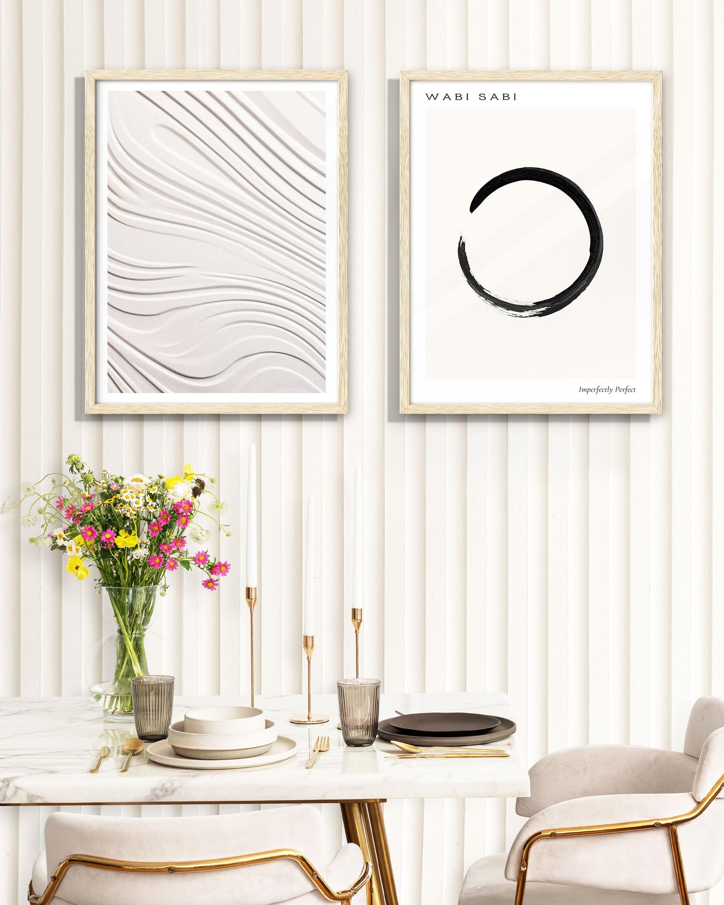 EcoHest Abstract Zen 3D Illusion Wall Art, 12x16in OAK Wood Framed Minimalist Flat Canvas with Soft Lines Design, Modern Japandi Style Decor for Bedroom, Living Room, 1 Pack