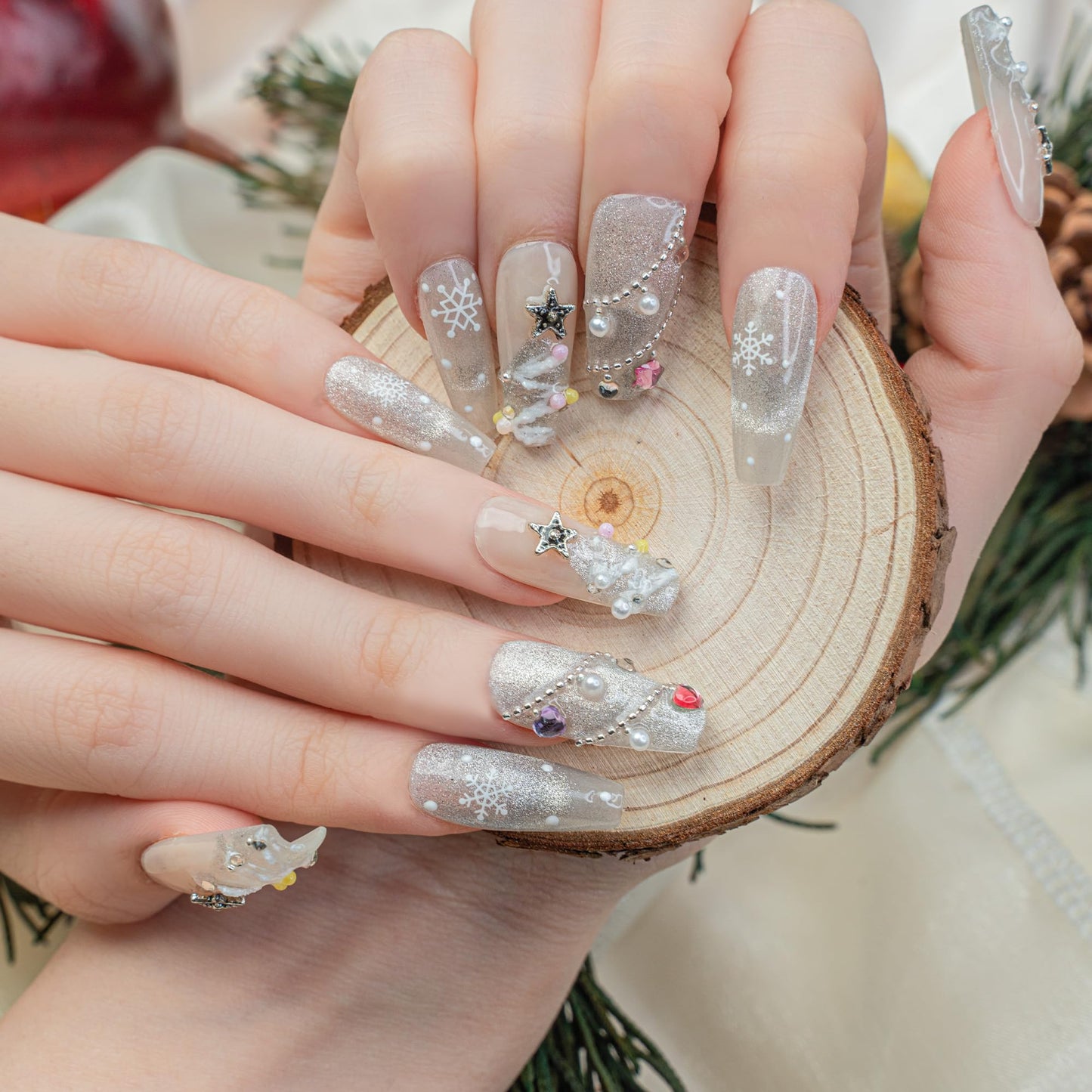 Sun&Beam Nails Handmade Press-on Medium Long Coffin Ballerina White Silver Purple Pink Christmas 3D Sweet Design Fashion False Nail Tips 10 Pcs Set (#197 M)