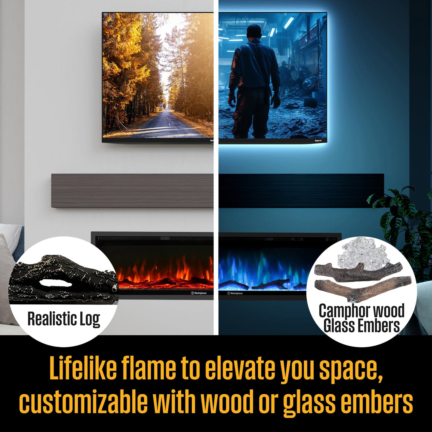Westinghouse 50 Inch Electric Fireplace Heater, Compatible with Alexa & Google Home, Wall Mount or in-Wall Recessed Fireplace Insert, 24 Hour Timer, Color Changing Flames, 750W/1500W Indoor Heater