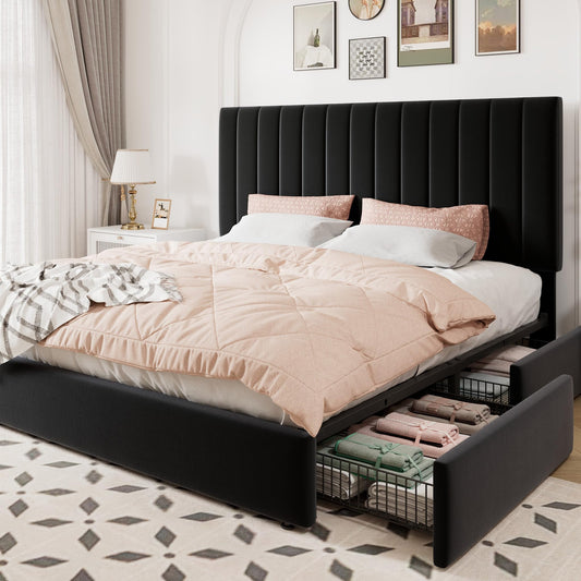Allewie King Size Storage Bed Frame, Vertical Channel Tufted Adjustable Headboard, Velvet Upholstered Platform Bed with 4 Oversized Underbed Drawers, Wooden Slats Support, No Box Spring Needed, Black