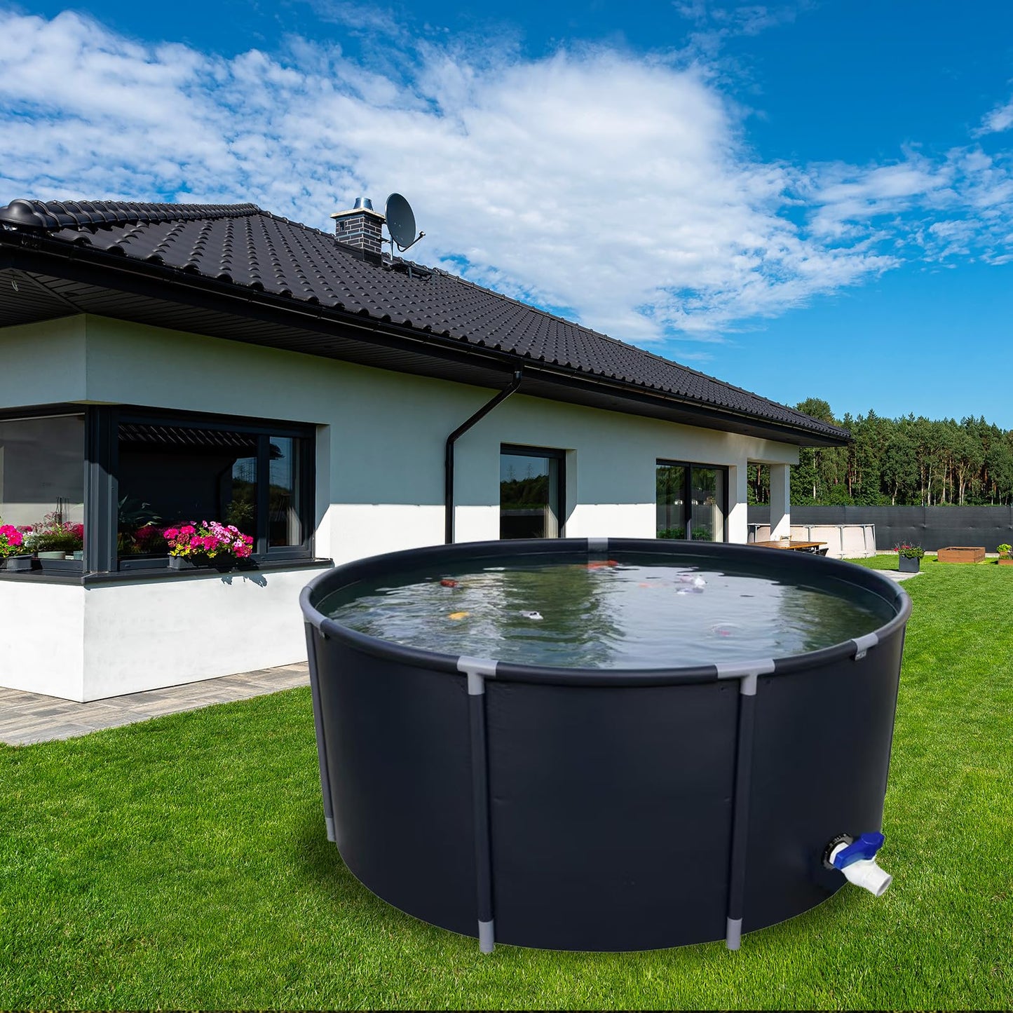 Canvas Fish Pond, 450 Gallon Capacity Koi Pond, Foldable PVC Outdoor Fish Tank, Round Goldfish Bowl, Above Ground Pond with Stabilizing Frame and Drain Valve for Koi Farming, Aquaculture