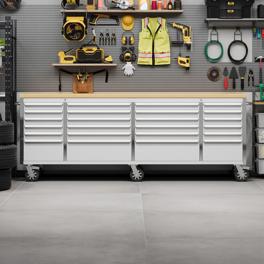 PeakPursuit 96" Rolling Tool Chest with 24 Drawers, Solid Rubber Wood Workbench Top, Locking Wheels & Key Lock, Mobile Garage Storage Cabinet for Workshop Organization, Silver