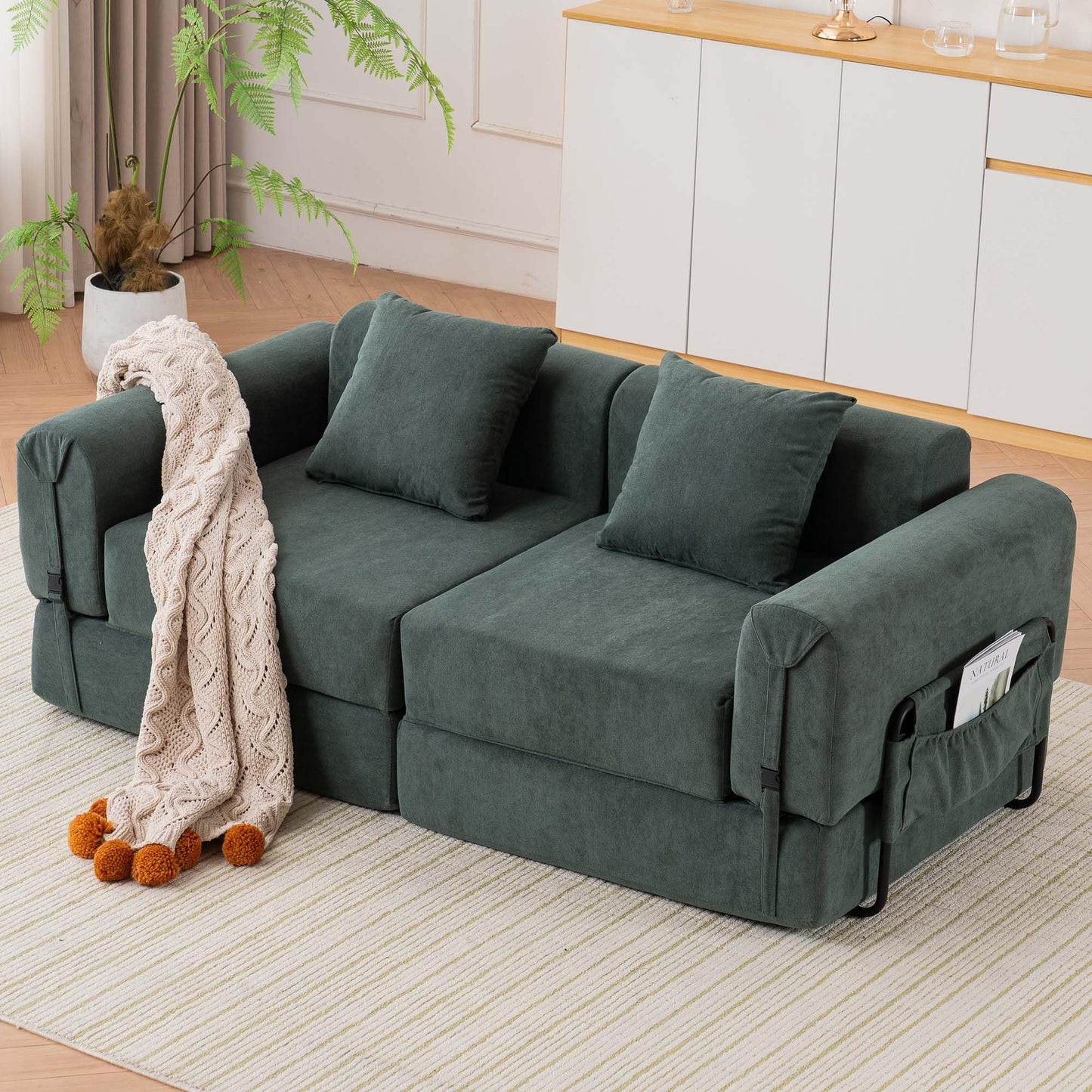ILCQU Cloud Modular Sectional Sofa, Foldable Floor Couch Bed, Convertible Sleeper Sofa Bed, Fold Out Boneless Couches for Living Room, Office, Guest Room, Apartment (Loveseat, Green)