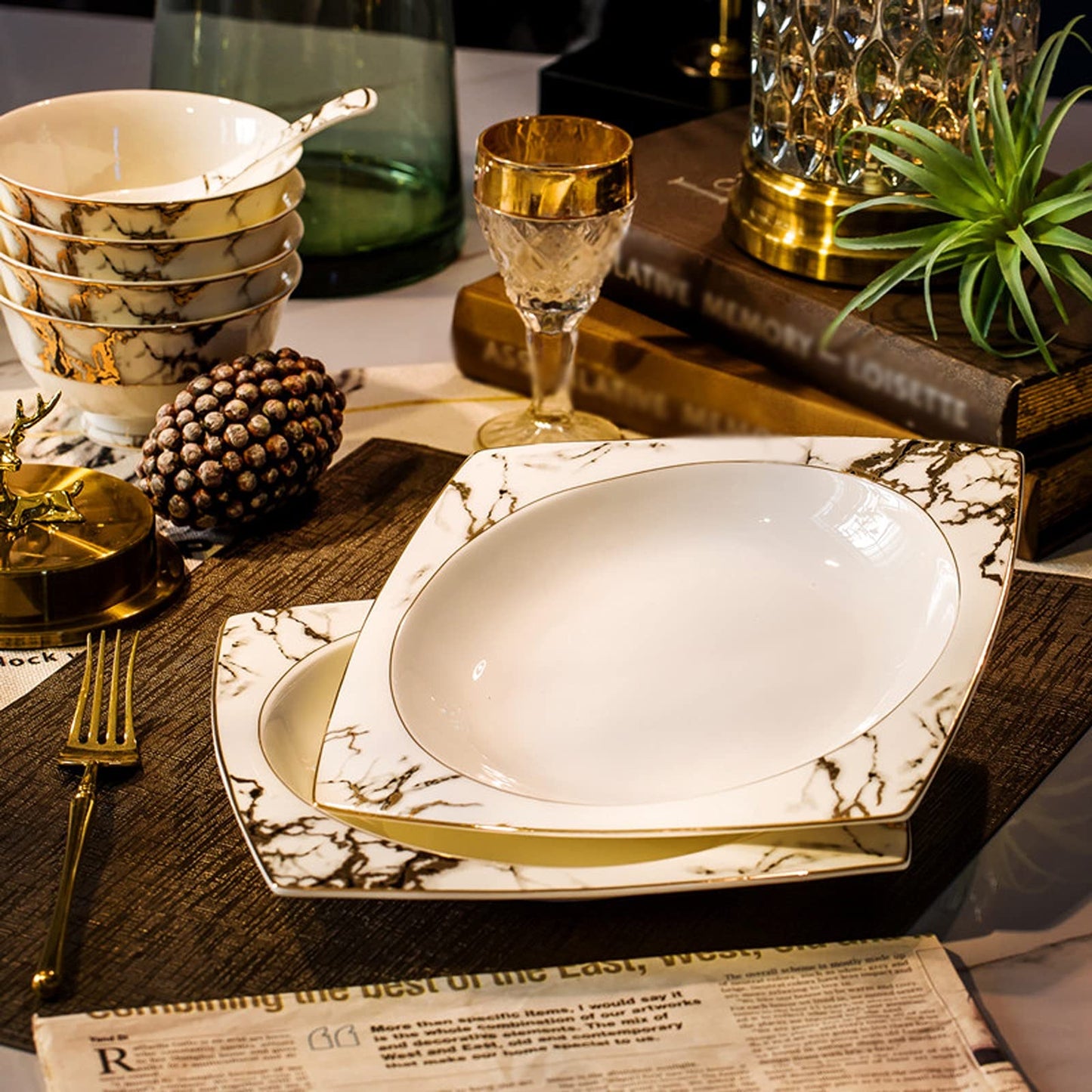 European/Greek Style 60-Piece Ceramic Dinnerware Set, Luxury High-End European Tableware Set, White, Marble Pattern, Dishwasher Safe