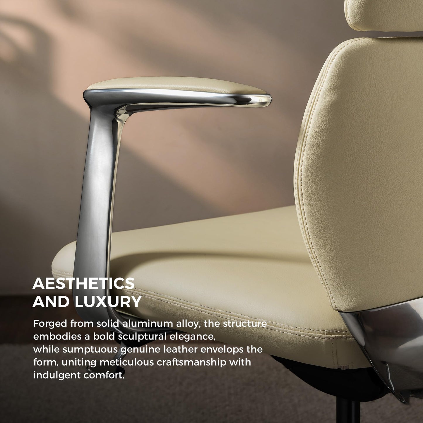 TOMU Genuine Leather Office Desk Chair with Wheels, Ergonomic Leather Executive Chair, Mid Back, Swivel Base with Adjustable Tilt, Modern Style, Luxury Aluminum Frame (Beige)