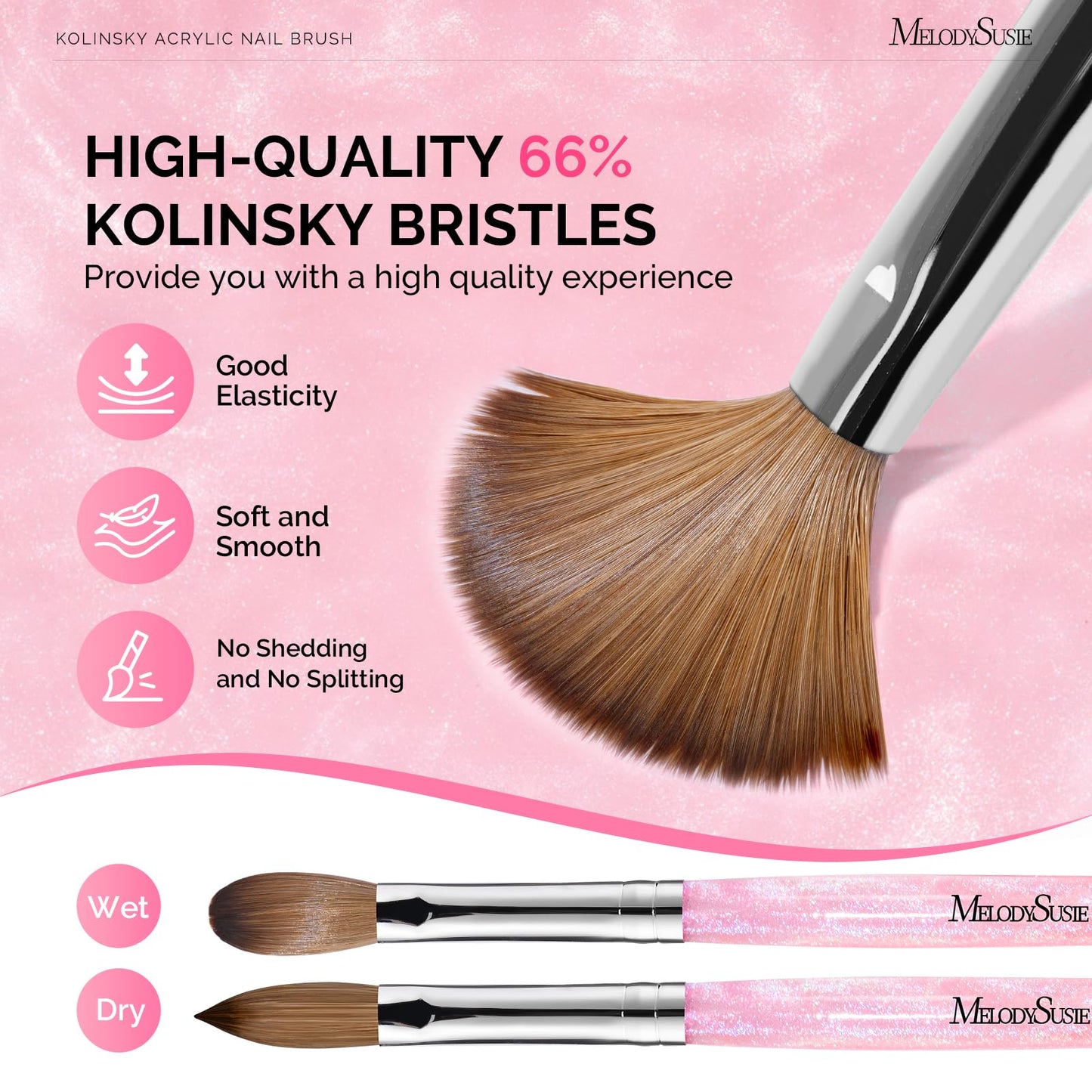 MelodySusie Kolinsky Acrylic Nail Brush,66% Kolinsky Hair Professional Nail Art Brush for Acrylic Application, Aurora Collection Fine Glitter Brush, Size 8