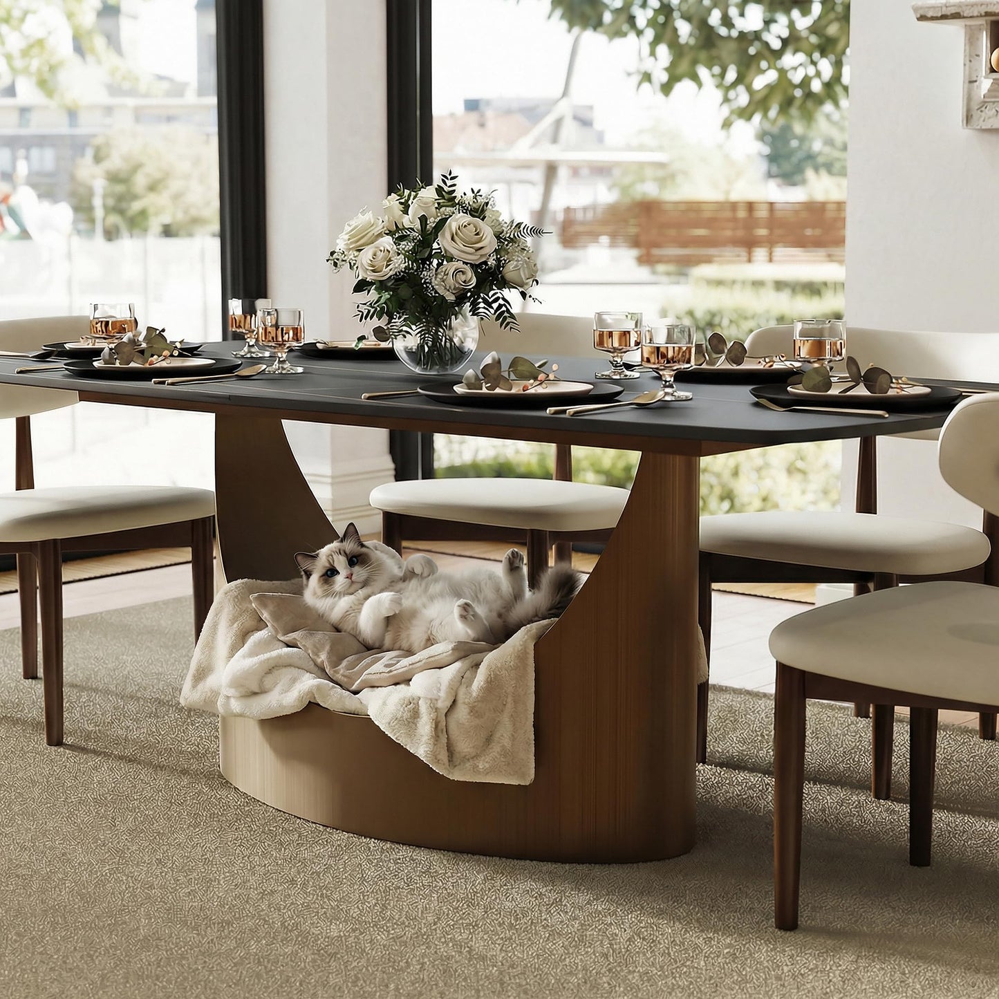 POVISON 94" Modern Dining Table for 8-10, Matte Black Dining Table, Sintered Stone Dining Tabletop with Bronze Carbon Steel Pedestal,Rectangle Dining Room Table (Table Only)