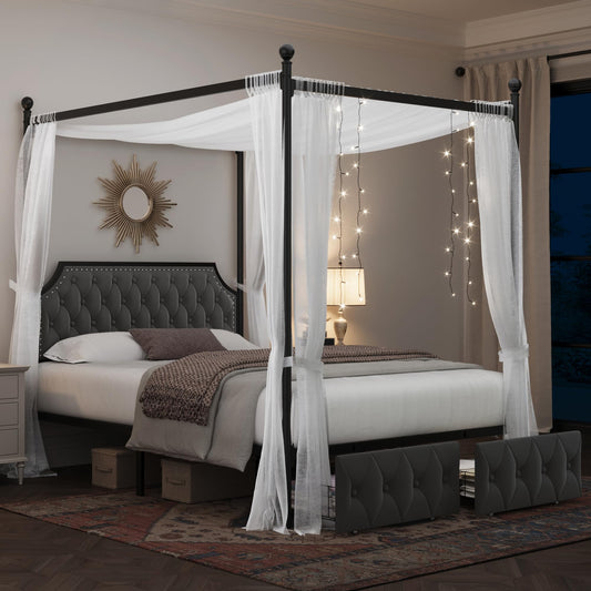 Keyluv Queen Upholstered Canopy Bed Frame with 2 Storage Drawers & Button Tufted Headboard, Metal Platform Bed with 4 Removable Posts, Two-Purpose Velvet Bed, Dark Grey/Curtain Not Included